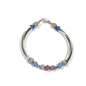 925 Sterling Silver Bracelet Artisan Glass Crystal Beads Pink Blue 6.5”
